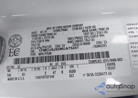 2021 Ford Escape Titanium from USA, damaged, VIN 1FMCU9J93MUA75241